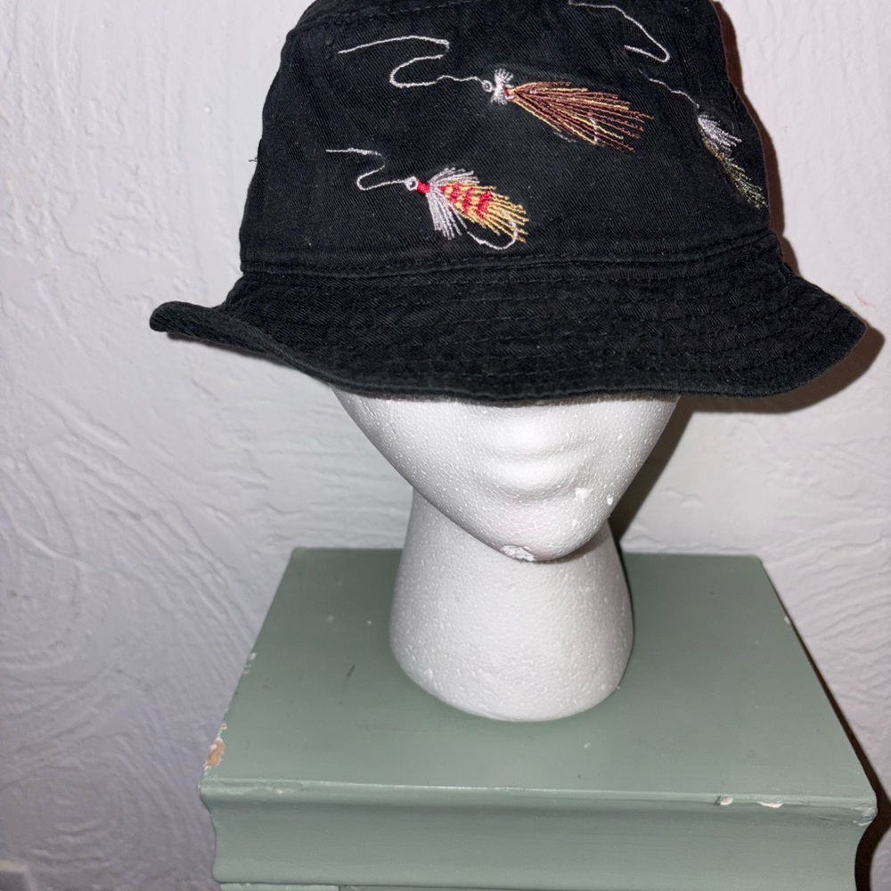 Black Bucket Hat with Embroidered Fishing Lures